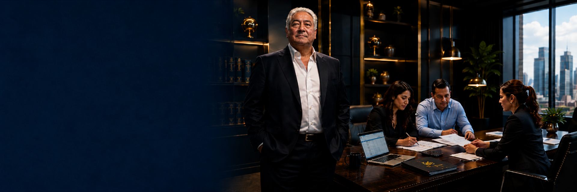 Asesor de seguros de gastos finales con su equipo en una oficina, atendiendo a familias hispanas en Houston